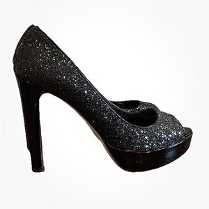 Miu Miu Black Glitter and Patent Leather Peep-Toe Platform Pumps, Size 38